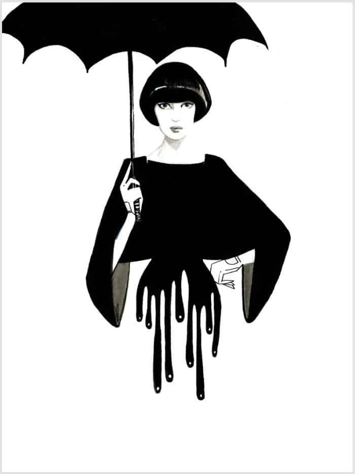 black and white illustration of a woman holding an umbrella and dripping below the waist