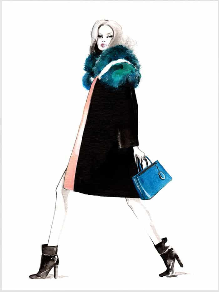 illustration of a woman walking seen from the side wearing a blue fluffy scarf and blue bag