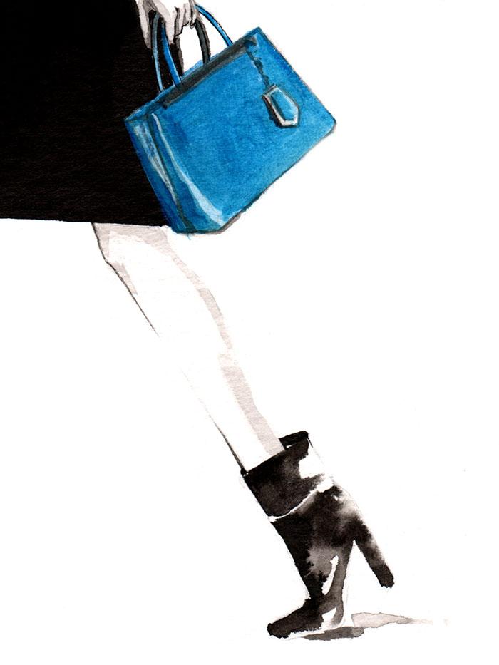 illustration of a woman walking seen from the side wearing a blue fluffy scarf and blue bag detail of the bag and left leg