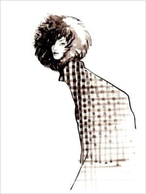 black and white illustration of a woman bending over with a big fur hat and checkered coat on