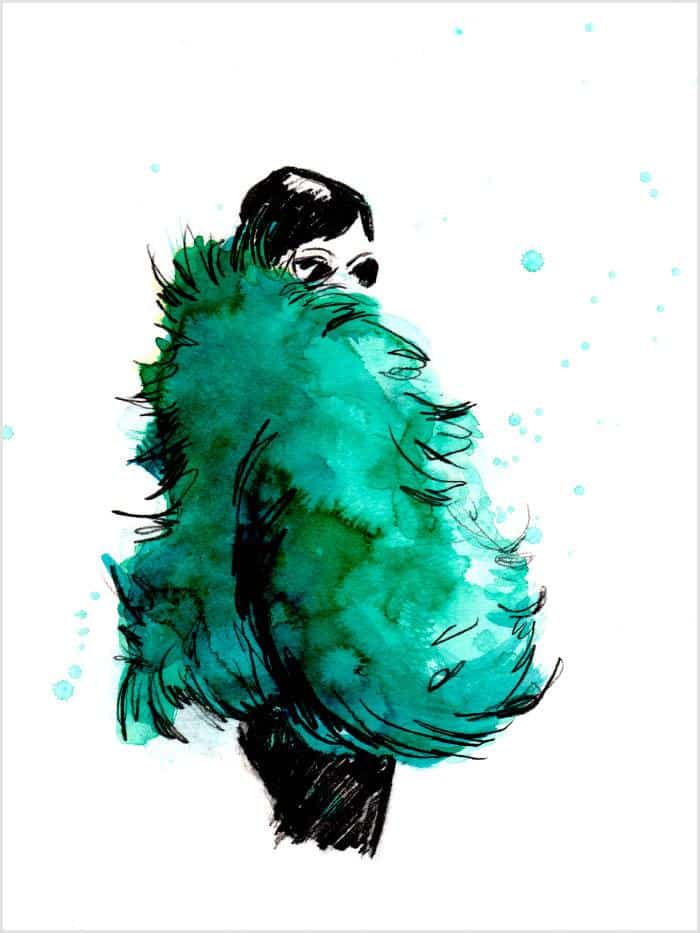 illustration of a woman with a big, green fur coat on