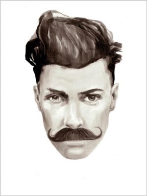 black and white illustrated portrait of a man with a moustache