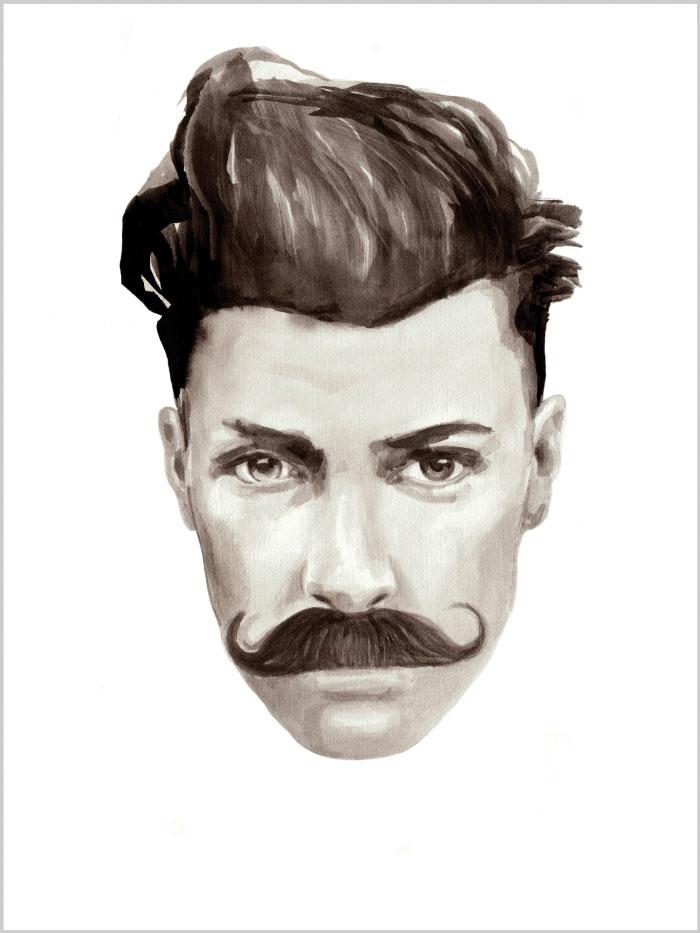 black and white illustrated portrait of a man with a moustache