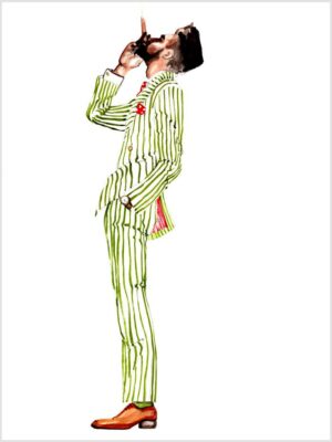 side profile illustration of a man smoking a cigar in a green suit