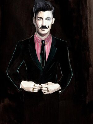 illustration of a man with a moustache in a black suit and rings around his fingers