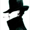 side profile illustration of a woman with a hat and coat that covers most of her face smoking a cigarette