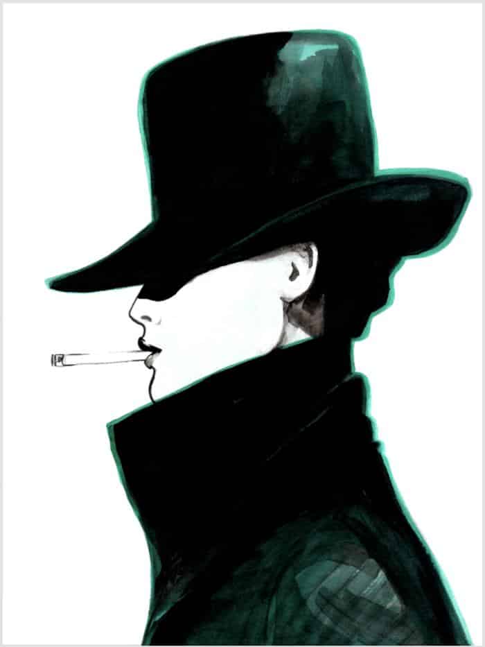 side profile illustration of a woman with a hat and coat that covers most of her face smoking a cigarette
