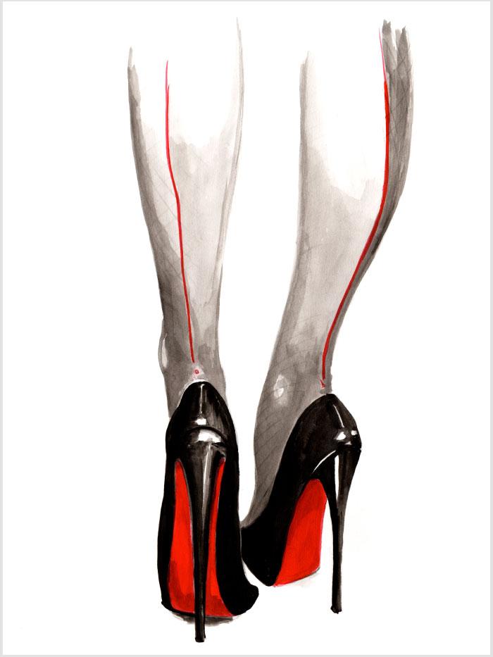 illustration of two legs seen from the back with heels on and red accents on the heels and legs