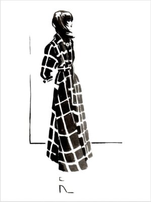 black and white illustration of a woman's side profile in a checkered long coat