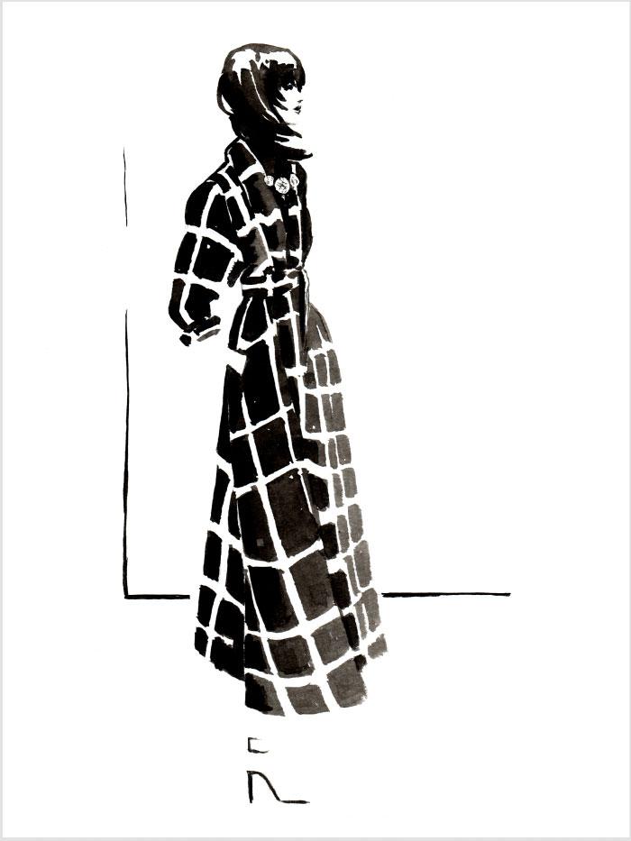 black and white illustration of a woman's side profile in a checkered long coat