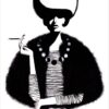 black and white illustration of a woman smoking and a pearl necklace