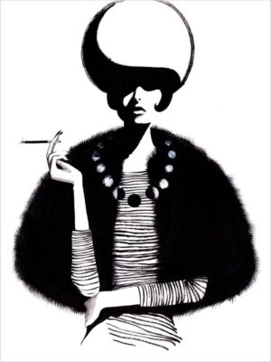 black and white illustration of a woman smoking and a pearl necklace