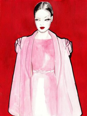 illustration of a woman with a pink dress looking away with red background