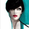 illustration of a woman with short dark hair and blue details