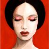 illustration of a woman with dark hair and eyes closed with a red background