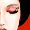 illustration of a woman with dark hair and eyes closed with a red background detail of the right eye
