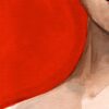 illustration of a woman with dark hair and eyes closed with a red background detail of the neck