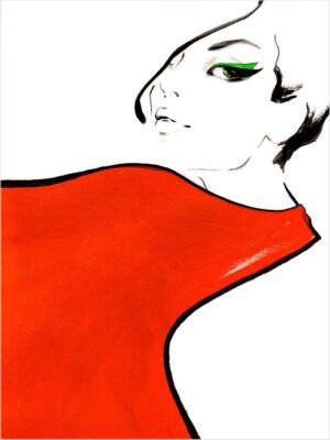 illustration of a womans face with a big red scarf around her neck