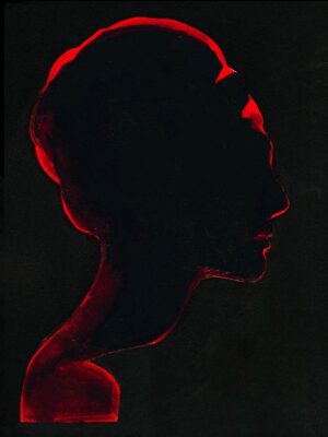 illustration of a silhouette of a womans head from the side with black background and red glow