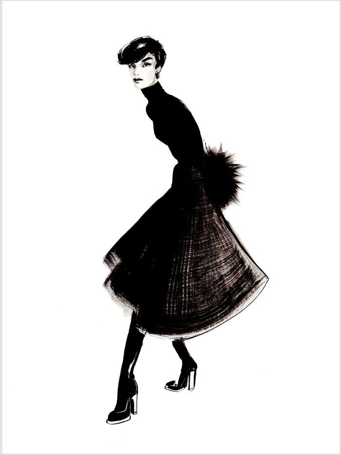 illustration in black and white of a woman posing in a skirt
