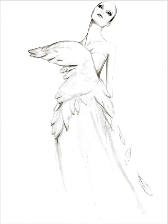 illustration in black and white of woman with a dress on made of feathers
