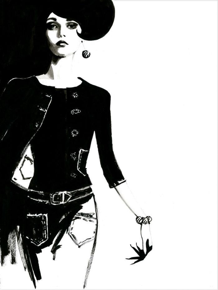 black and white illustration of a woman with a hat, jacket and bracelet on