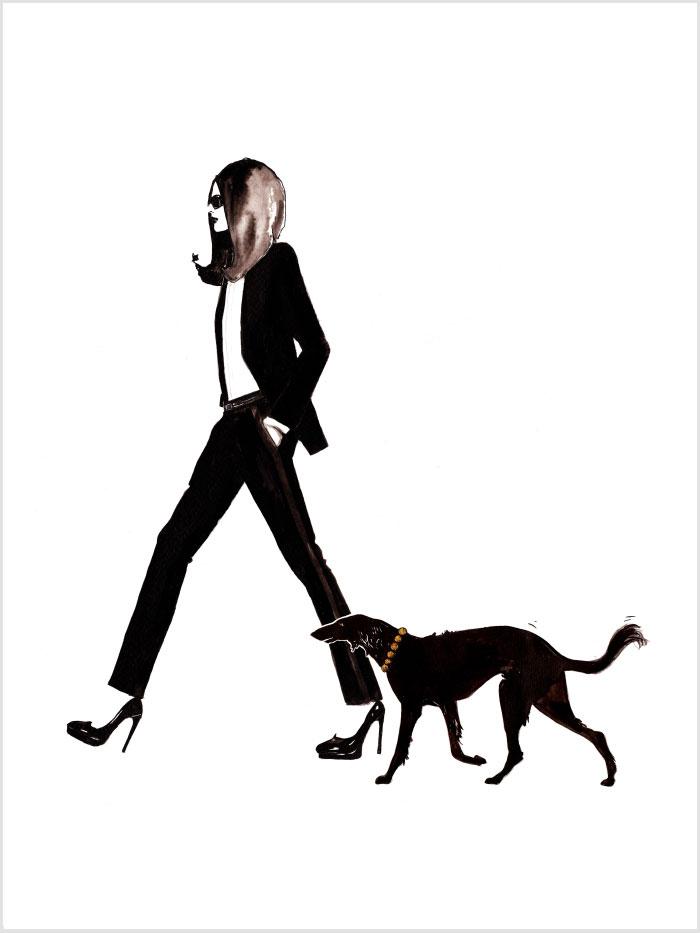 illustration of a woman in a suit walking with her dog next to her