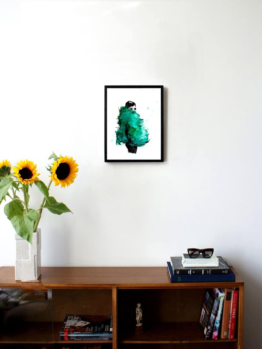 illustration of a woman with a big, green fur coat on hanging on a wall in the living room