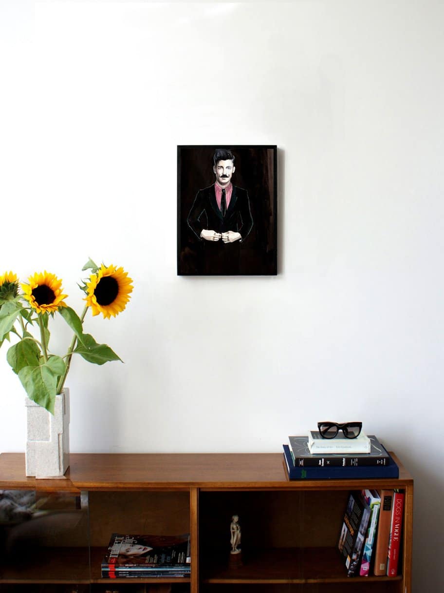 illustration of a man with a moustache in a black suit and rings around his fingers hanging on the wall in the living room