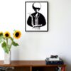black and white illustration of a woman smoking and a pearl necklace hanging on the wall in the living room