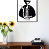 black and white illustration of a woman smoking and a pearl necklace hanging on the wall in the living room