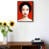 illustration of a woman with dark hair and eyes closed with a red background hanging on a wall in the living room