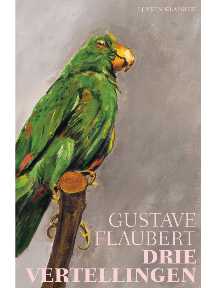 book cover with a green paroot sitting on a stick from the side. book is drie vertellingen by gustave flaubert