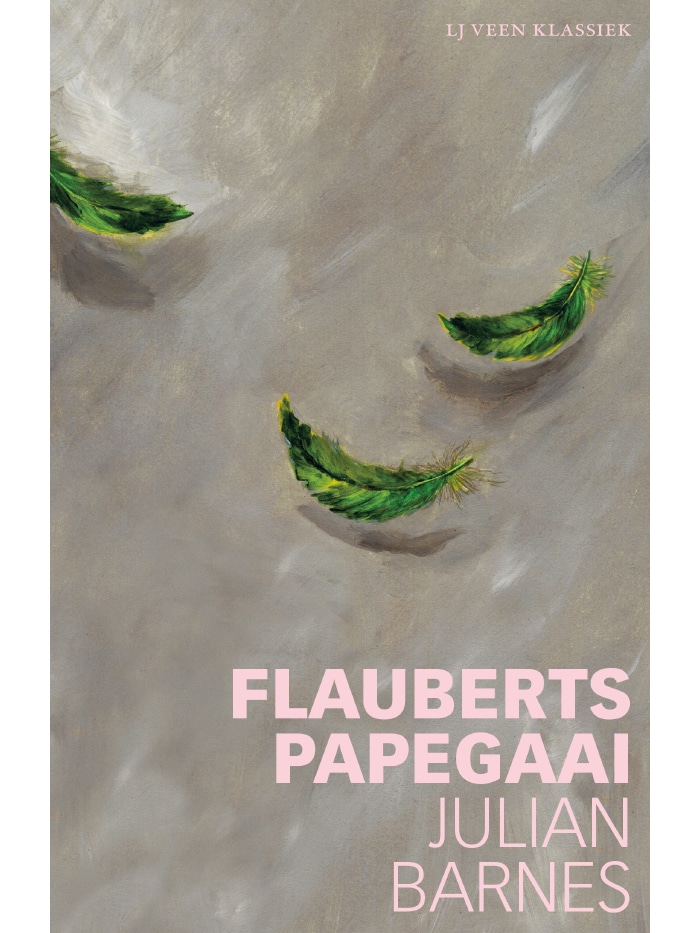 Flauberts papegaai, julian barnes book cover. illustrations of green feathers falling on the cover