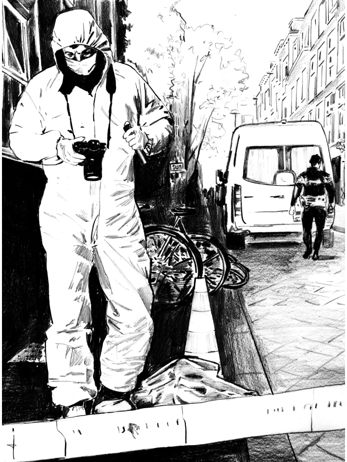 illustration of a crimescene with forensic scientist