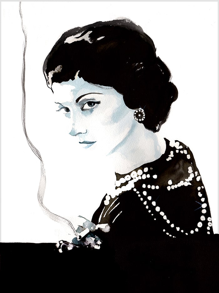 black and white illustration of a woman looking over het shoulder and smoking with a pearl dress on
