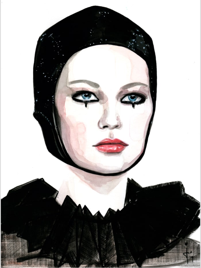 portrait illustration of a woman wearing a black headband and heavy makeup