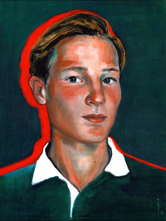 art portrait of a dark blonde man looking serious with red shadow and dark green background