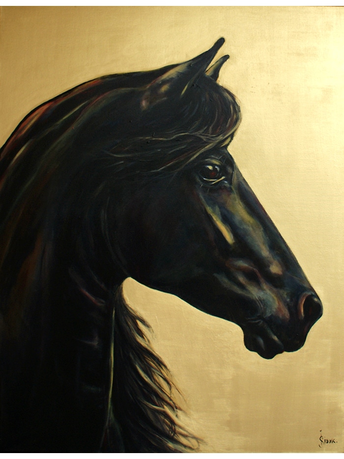 illustration of a black horse from the side of its head with a golden background
