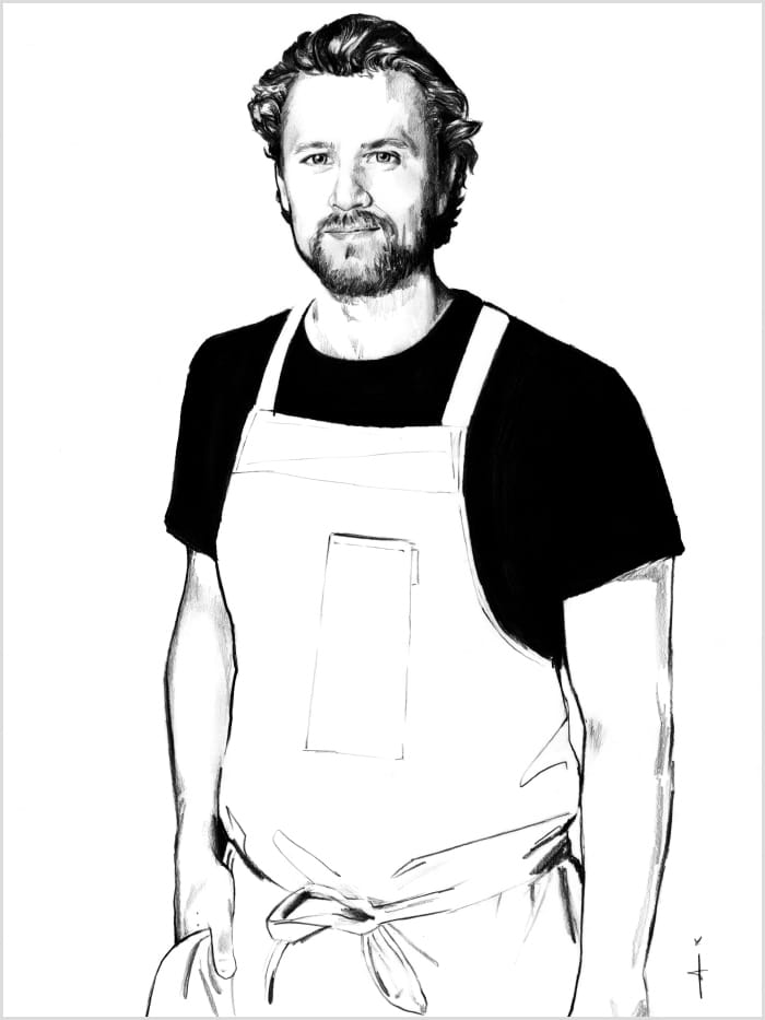 black and white illustration of a man in an apron and a hand in his pocket