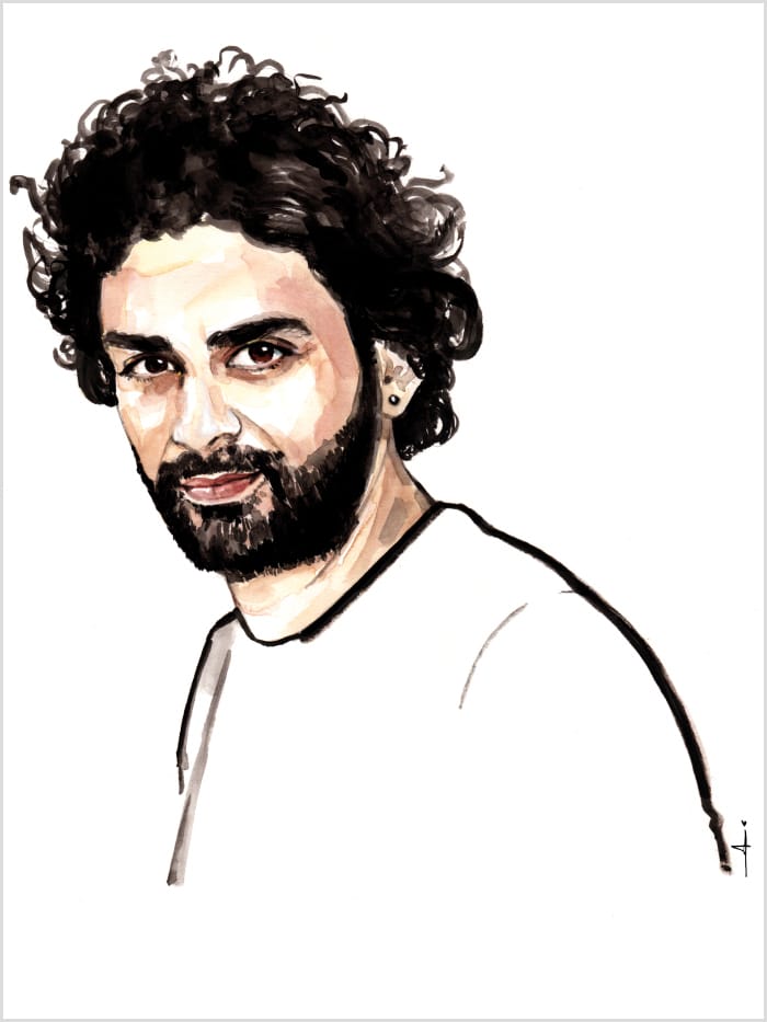 illustration of a man with black curly hair and a beard wearing an earring