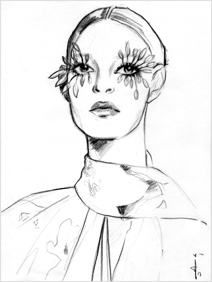 black and white illustration of a woman wearing feathers around her eyes wearing a scarf