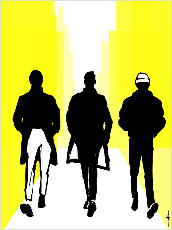 fashion illustration of three men walking on a red carpet, men are black and white with a yellow background