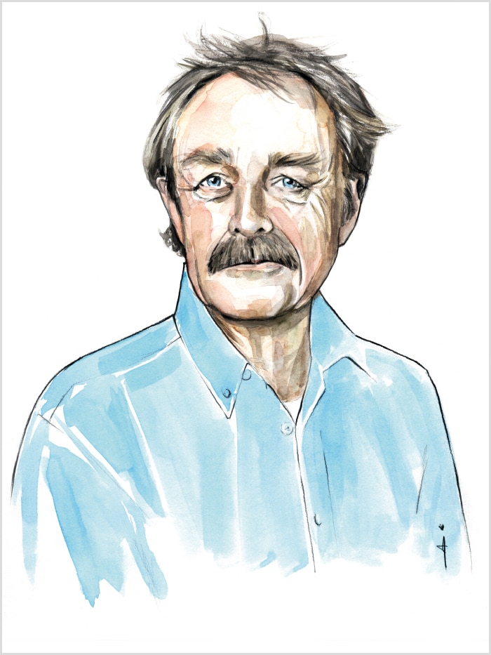 illustratd portrait of Midas Dekkers with a blue shirt