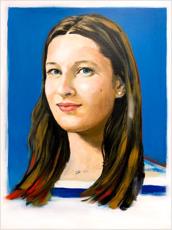 art portrait of a woman with brown hair and blue eyes with a blue background