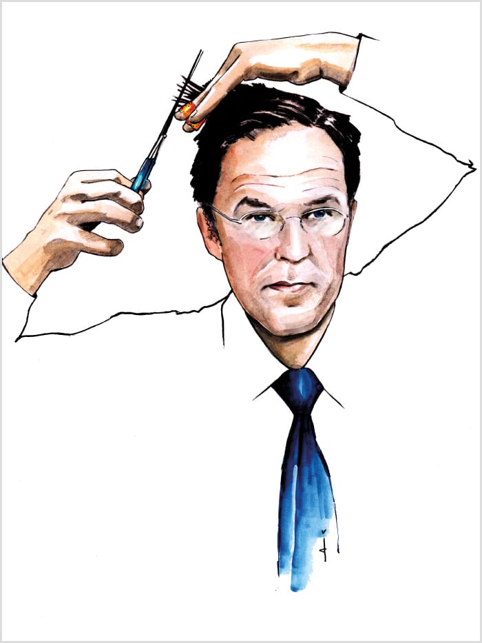 illustration of a brown haired man cutting his own hair wearing a blue tie