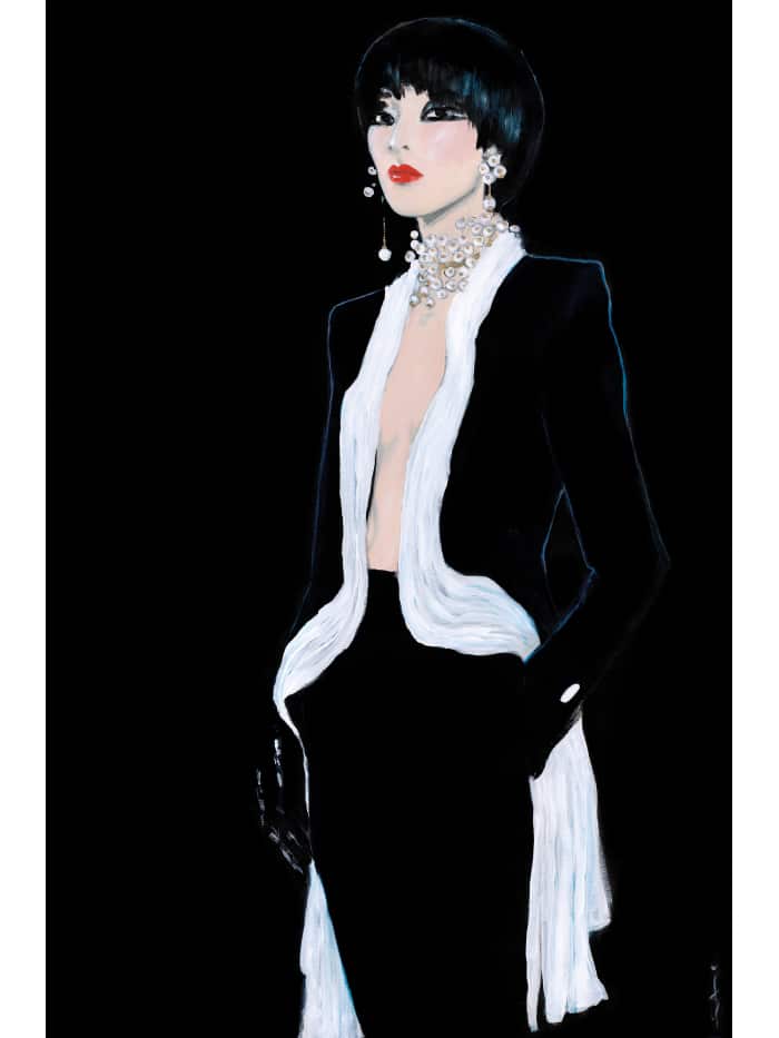 illustration of woman in black suit and white scarf