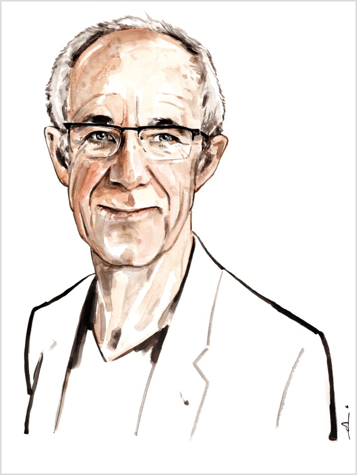 illustration portrait of an older man with grey hair and glasses