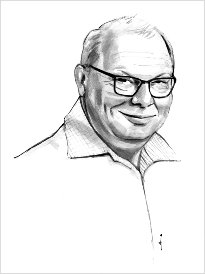 black and white illustration of a man with glasses smiling