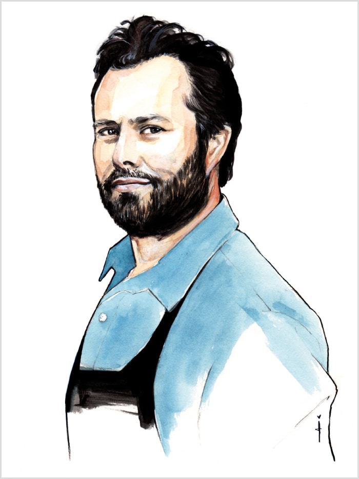 illustration portrait of a man with black hair and a beard wearing a blue shirt and black apron looking from an angle